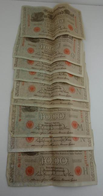 set off 9 Beautiful Old Paper Money Reichsbantnote 1000 Mark