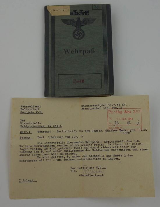 ww2 german wehrpas from  Günter Willy Bock 