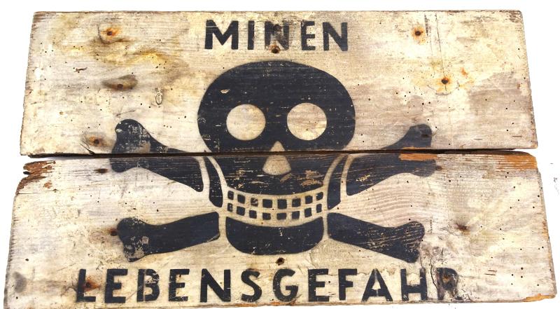 a german ww2  wooden sign 'Minen Lebensgefahr'