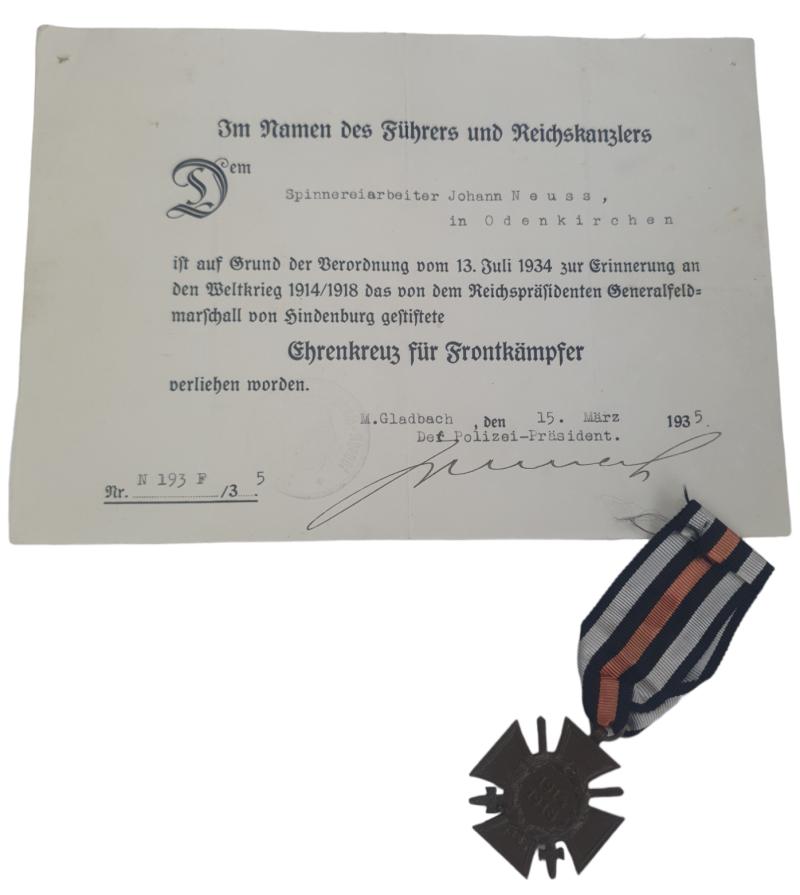 German 14-18 Honour Cross with document