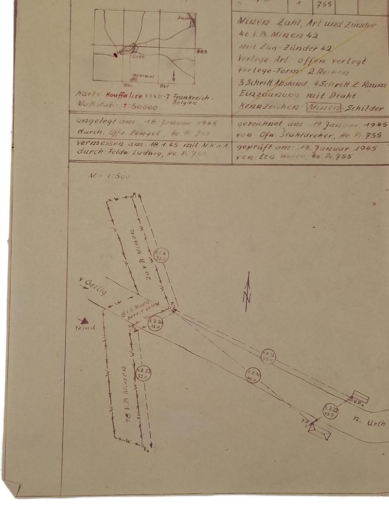 a german  WW2 period Battle of the Bulge drawn mine maps