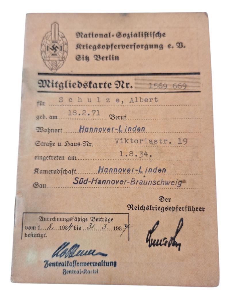 german ww2 National Sozialistische Kriegsopfer Versorgung (NSKOV) Mitgliedskarte (1934).