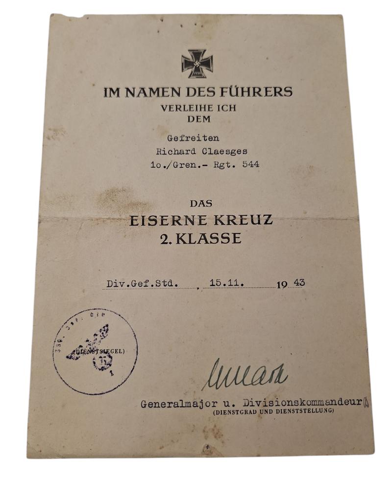 Iron cross second class  award document to Gefreiten Richard Claesges