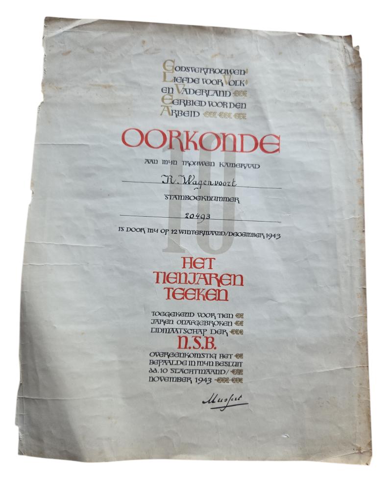 rare WWII Dutch NSB 10-year membership certificate in the name of R. Wagenvoort