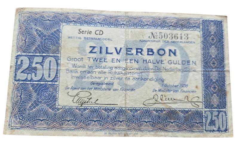 Dutch WWII 2.50 guilder zilverbon 1938