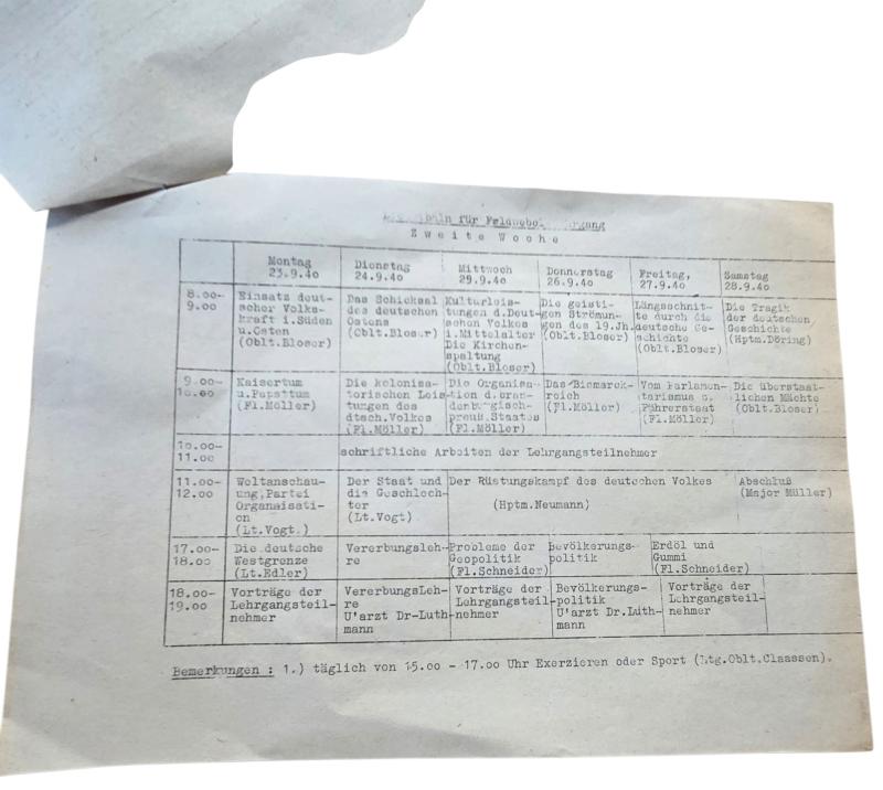 a german , 100% original WWII Lehrgangsplan (September 16–28, 1940).